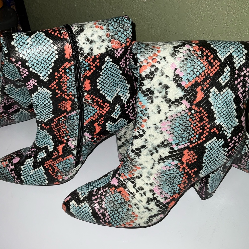 Sophia Taylor, thigh-high chunky heel, multi colored, snake print boots